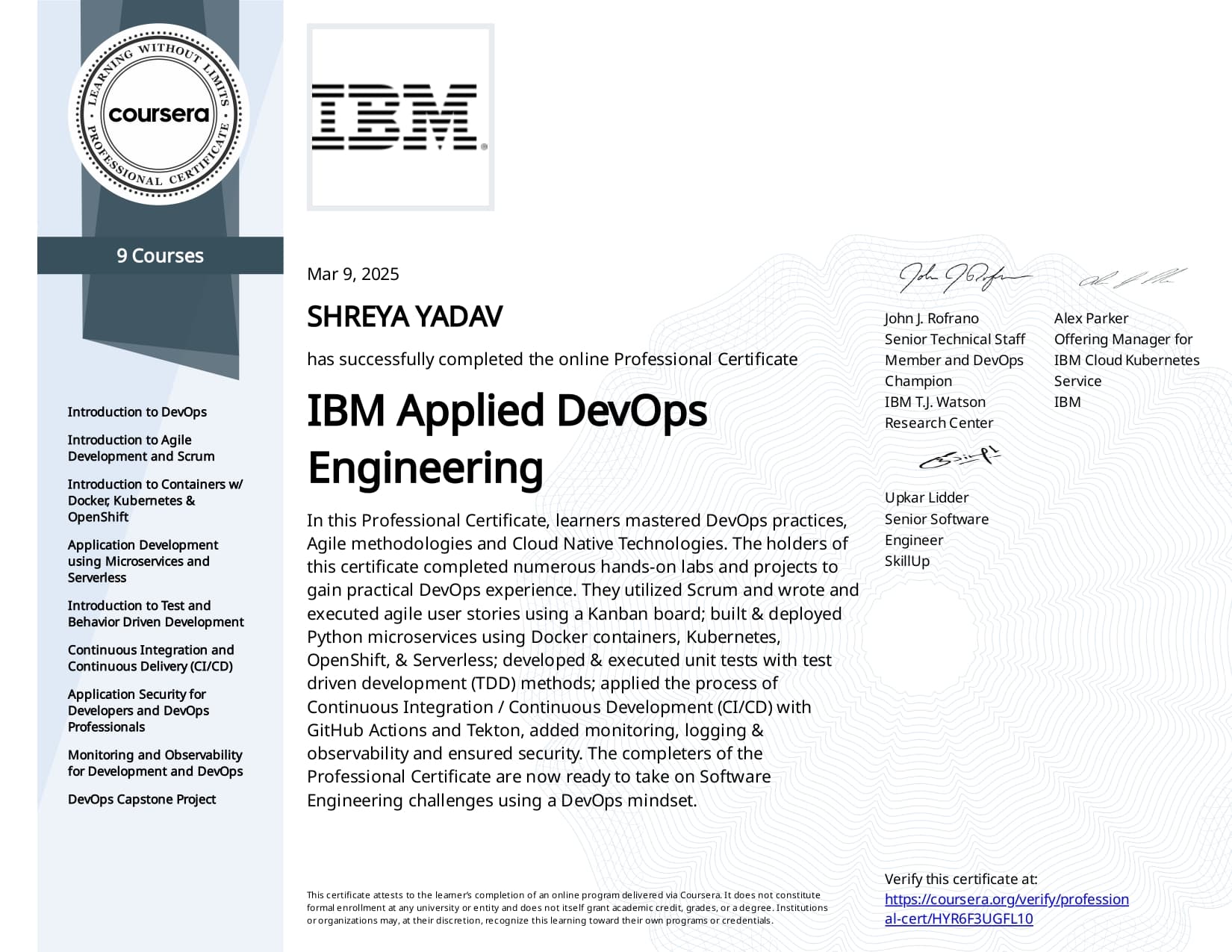 IBM Applied DevOps Engineering certificate