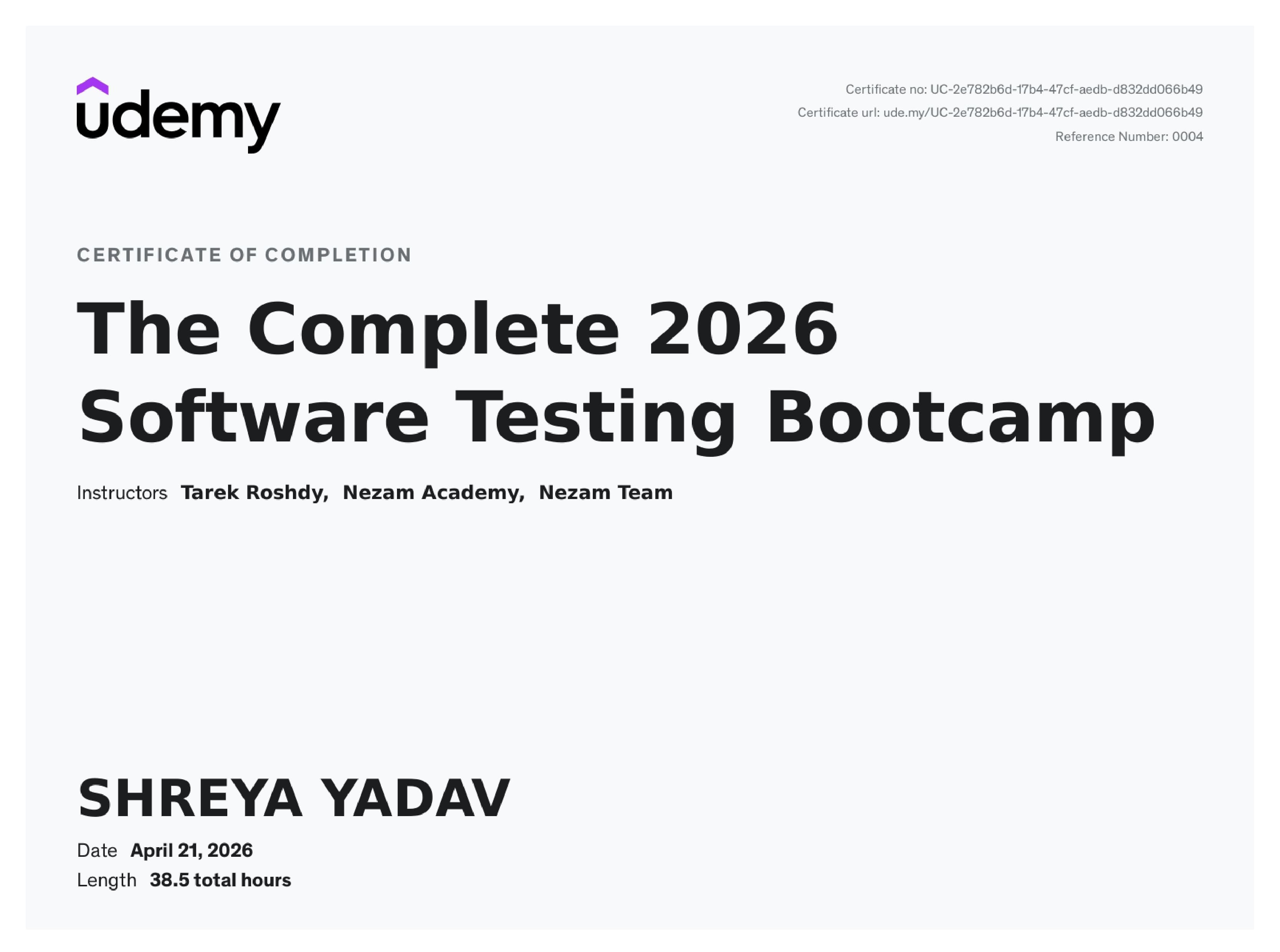 The Complete 2026 Software Testing Bootcamp certificate